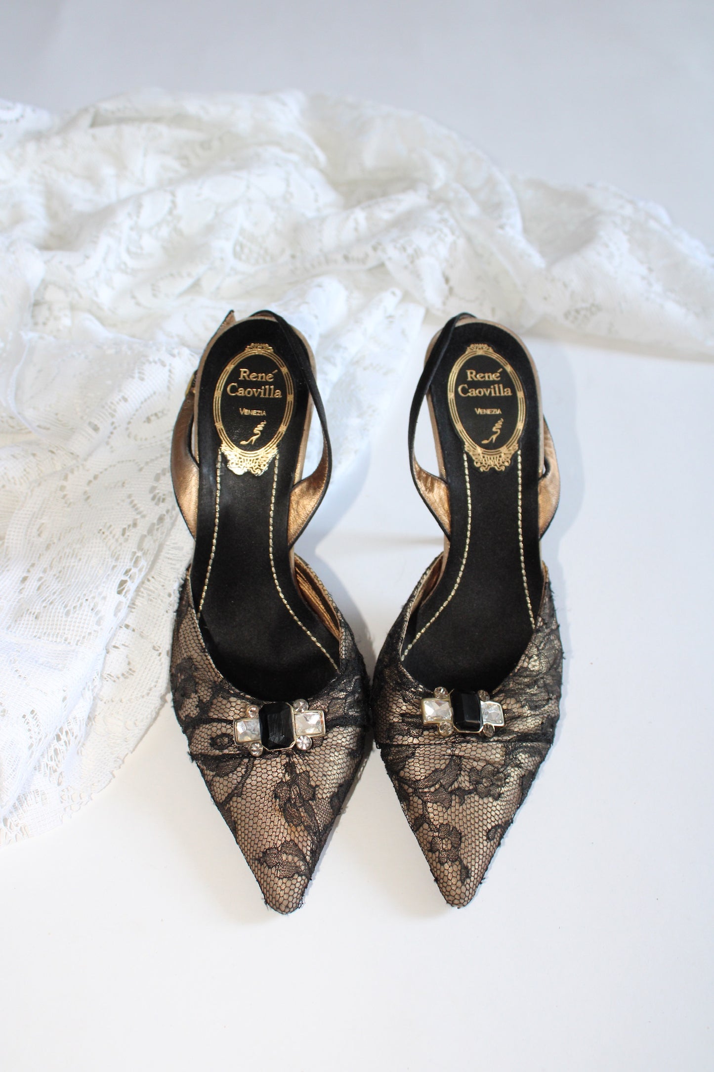 René Caovilla lace slingback pumps